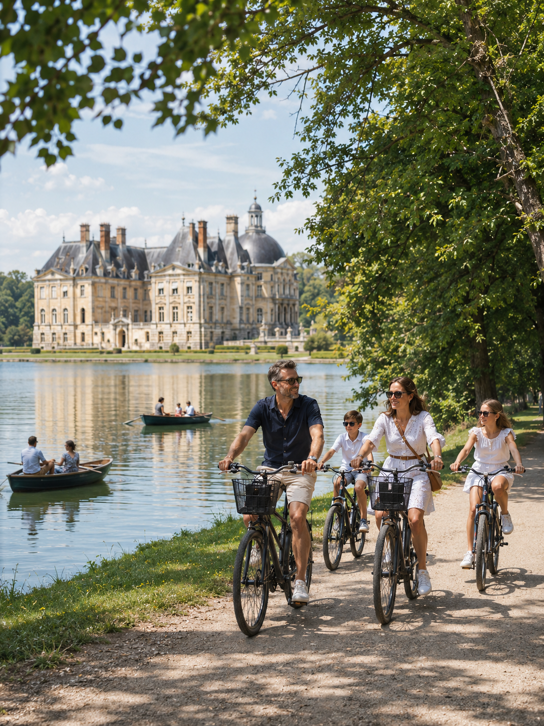Visiteurs en barque et à vélo sur le canal d'un domaine, devant le château