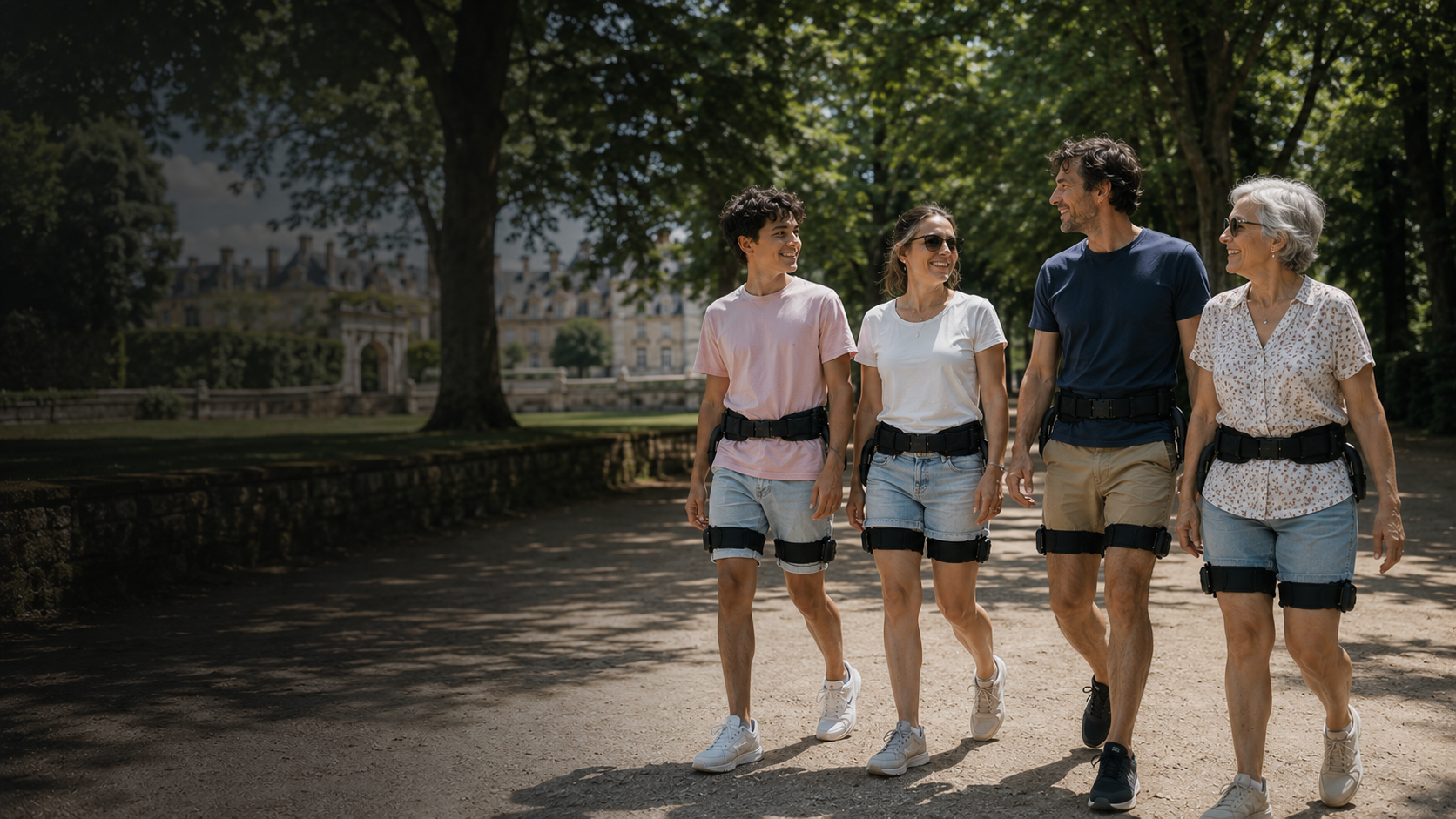 Quatre promeneurs équipés d’exosquelettes d’assistance à la marche, portés à la taille et fixés aux cuisses, avancent dans l’allée ombragée d’un parc