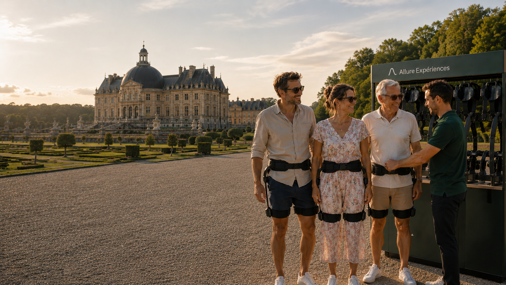 Trois visiteurs équipés d'exosquelettes Allure Expériences accueillis par un opérateur devant un château et ses jardins